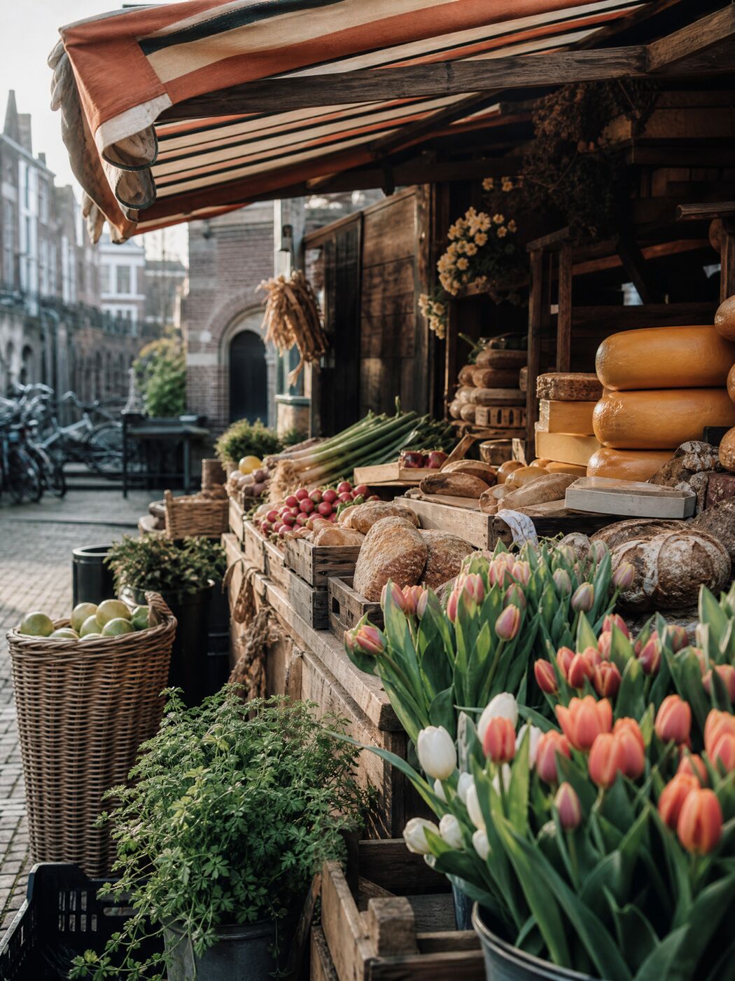 Marktkraam met verse waren op een Utrechtse markt